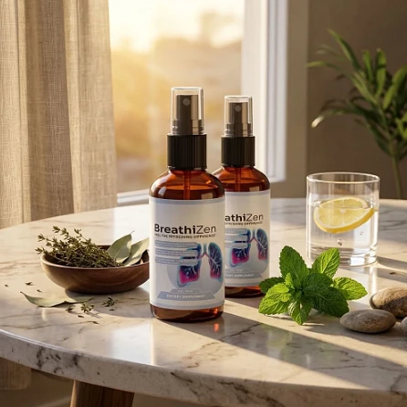 Two BreathiZen oral spray bottles on a marble table with lemon water and mint